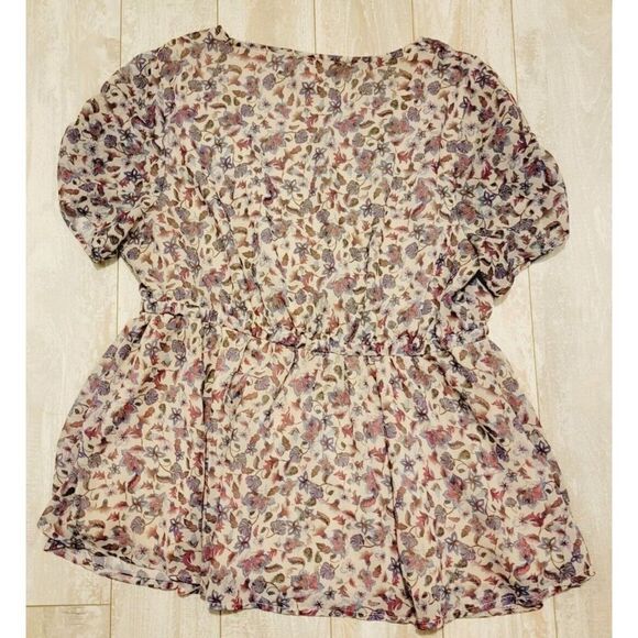 Torrid 1 Purples Floral Babydoll Blouse Cinch Waist Lined‎ Plunging V-Neck SS - Picture 2 of 4